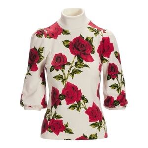 Boston Proper White Red Rose Floral Turtleneck Sweater Tunic Romantic